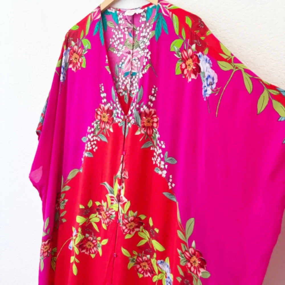 Johnny Was Nanya V-Neck Oversized Floral Print Maxi Kaftan in Red Blush Sz L/XL - Picture 5 of 12
